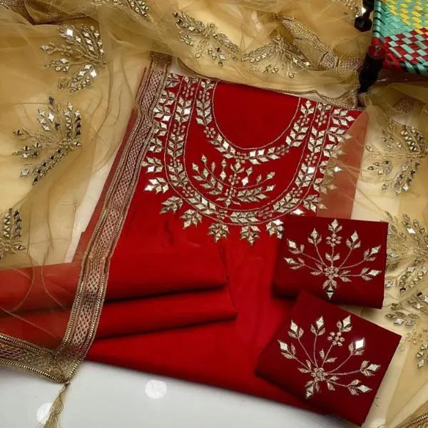 Red Embroidered 3 Pcs Women's Katan Silk Suit for Weddings