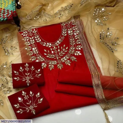 Red Embroidered 3 Pcs Women's Katan Silk Suit for Weddings