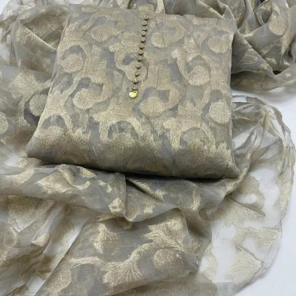 Grey Organza Embroidered 2Pcs Women Suit Set
