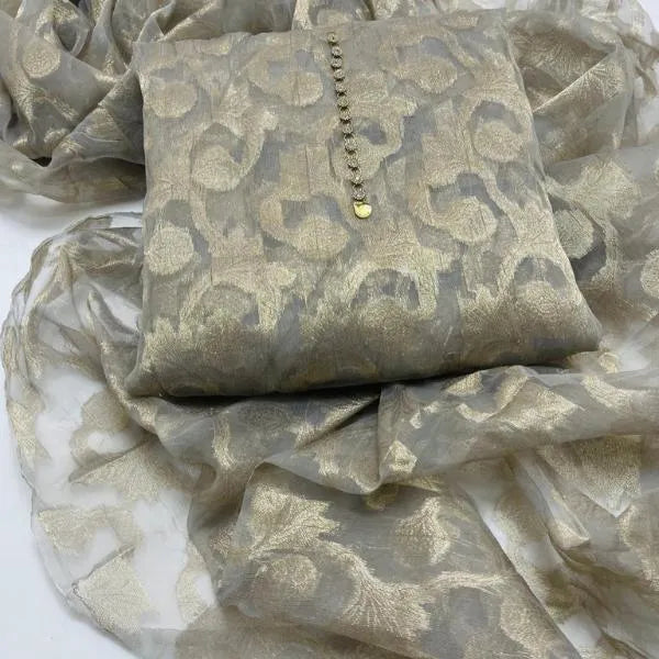 Grey Organza Embroidered 2Pcs Women Suit Set