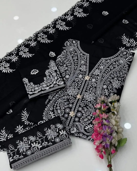 Black Embroidered 3 Pcs Women Suit Lawn Chiffon