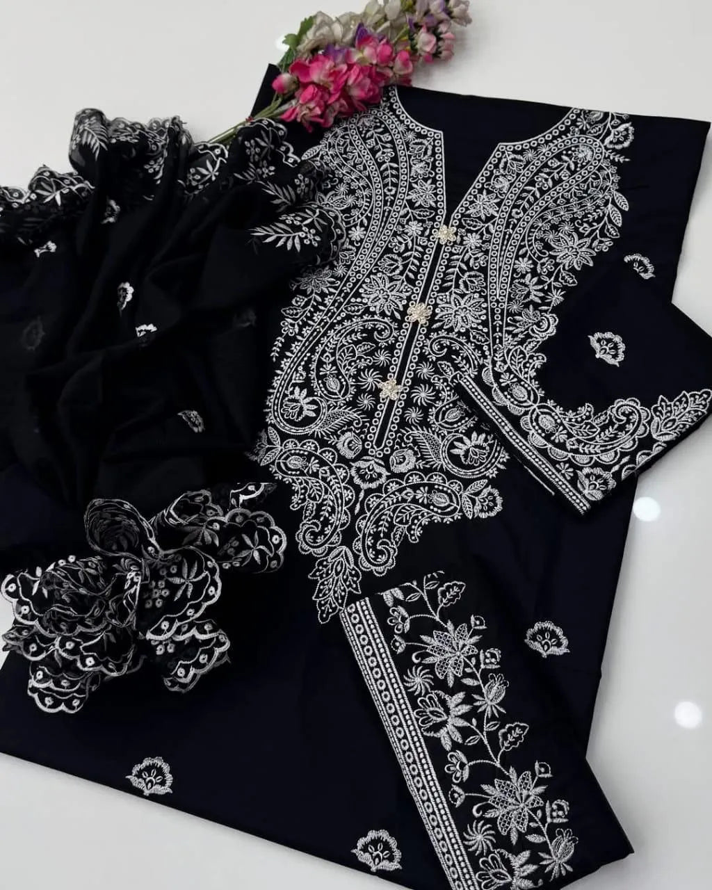 Black Embroidered 3 Pcs Women Suit Lawn Chiffon