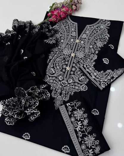 Black Embroidered 3 Pcs Women Suit Lawn Chiffon