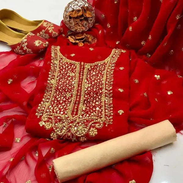 Red Embroidered Women's 3 Pcs Unstitched Suit Set