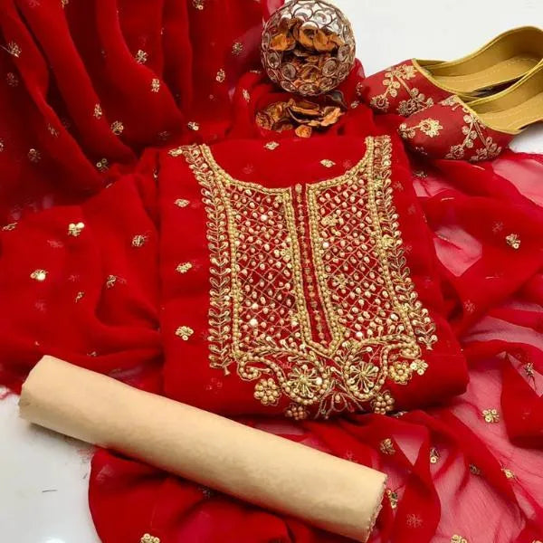 Red Embroidered Women's 3 Pcs Unstitched Suit Set