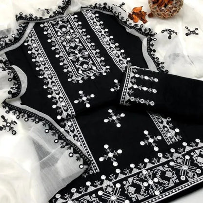 Black Embroidered 3 Pcs Women Suit Lawn Chiffon Eid