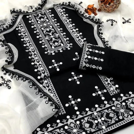 Black Embroidered 3 Pcs Women Suit Lawn Chiffon Eid
