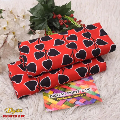 Digital Print Heart Pattern 2 Pc Suit Red Black Cotton