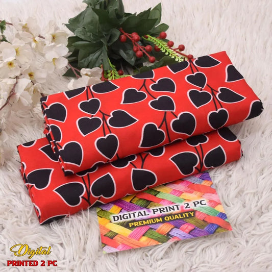 Digital Print Heart Pattern 2 Pc Suit Red Black Cotton