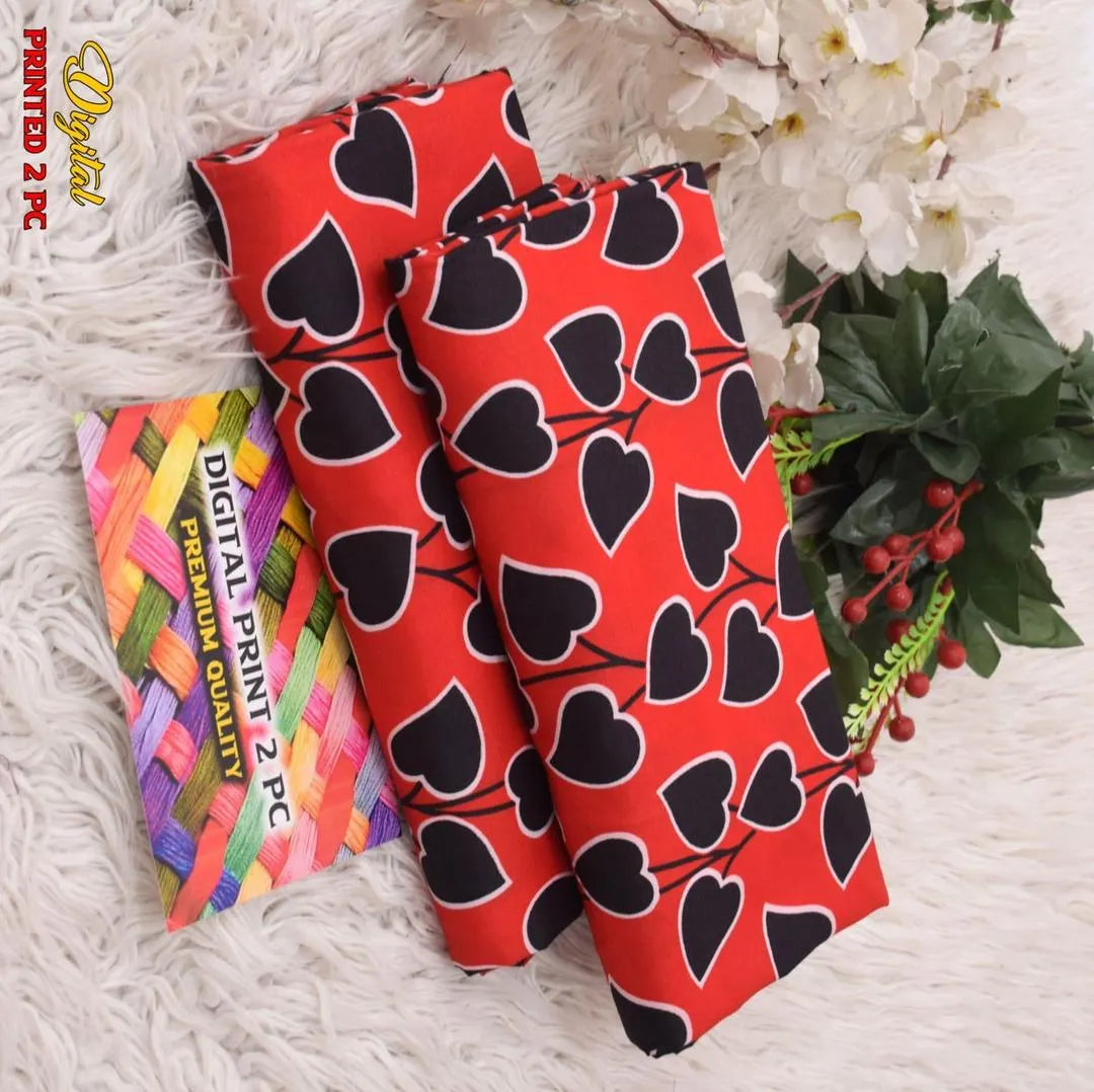 Digital Print Heart Pattern 2 Pc Suit Red Black Cotton