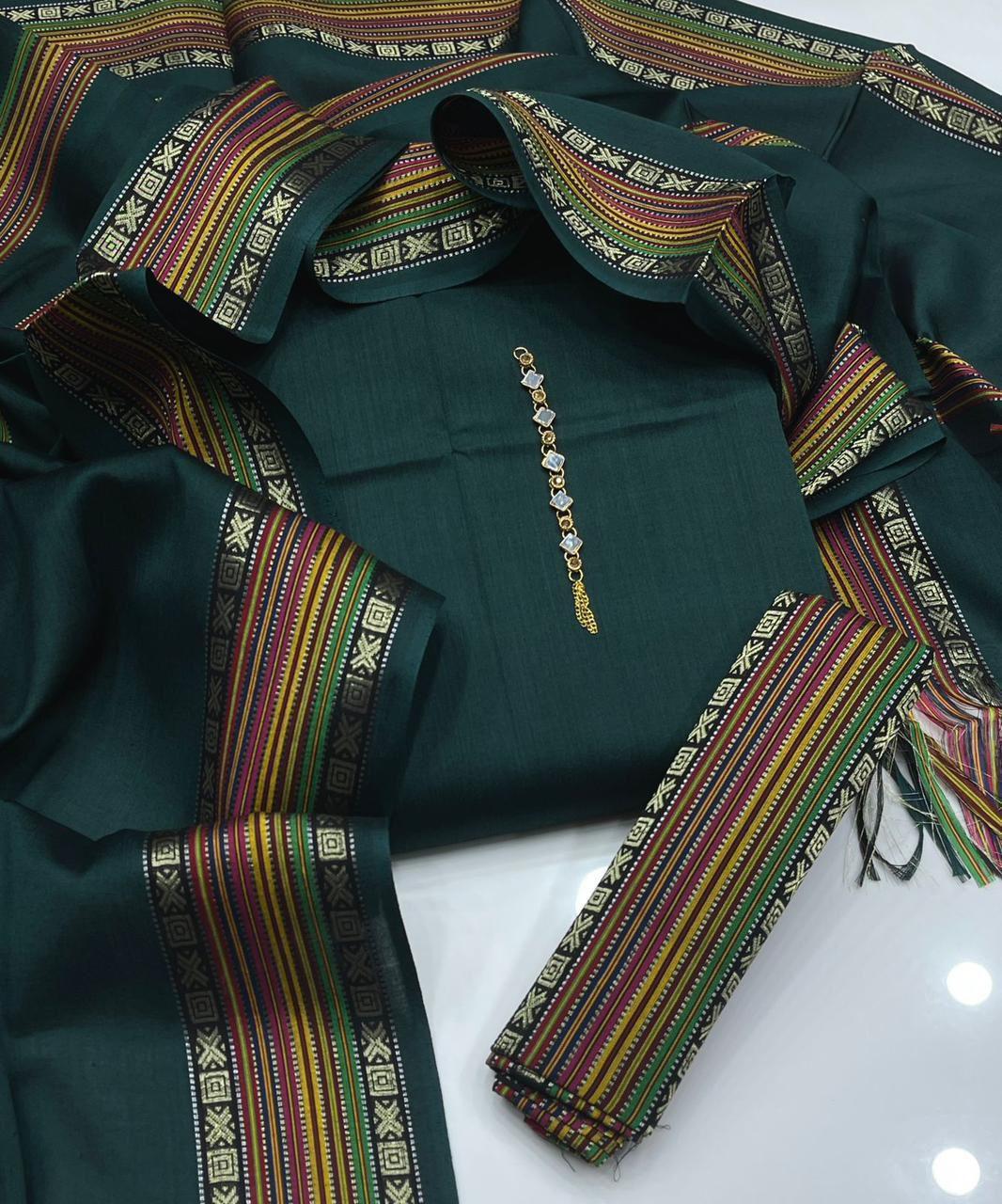 Green Banarsi 3-Piece Women Suit with Zari Tilla Mirror Work