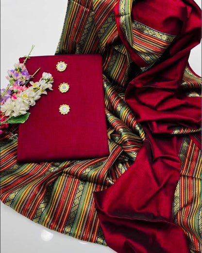Banarsi 3-Piece Suit Red Mirror Work Wedding Party Wear