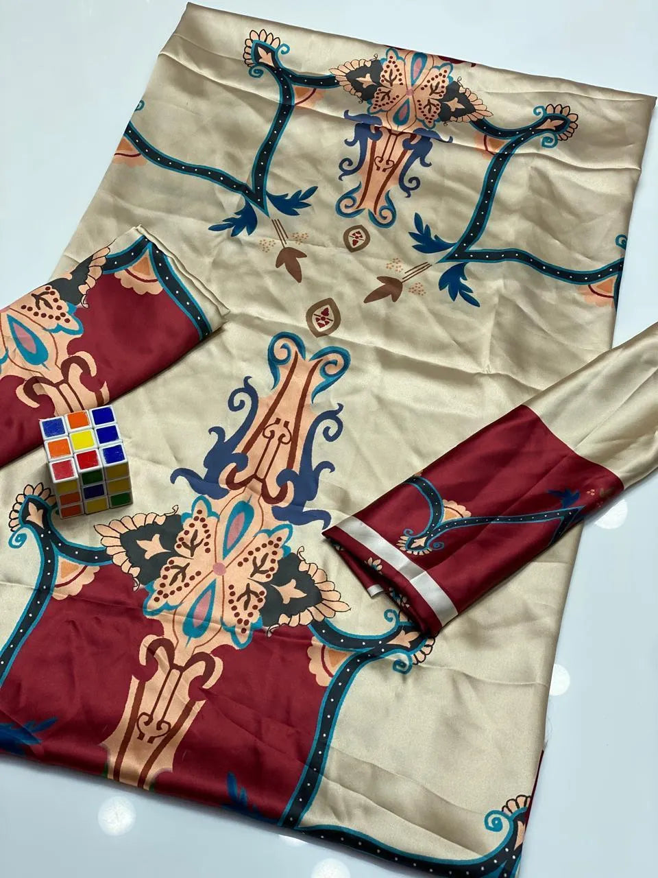 Women Digital Print Suit Beige Shamoz Silk 2Pcs