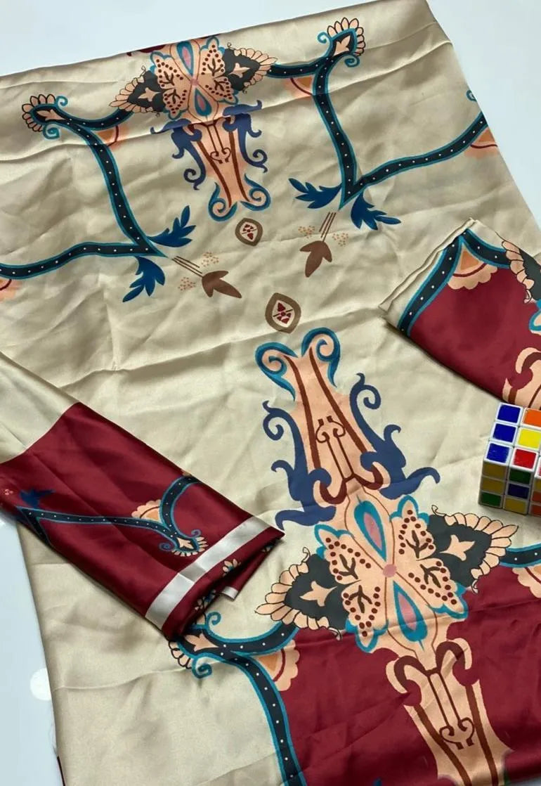 Women Digital Print Suit Beige Shamoz Silk 2Pcs