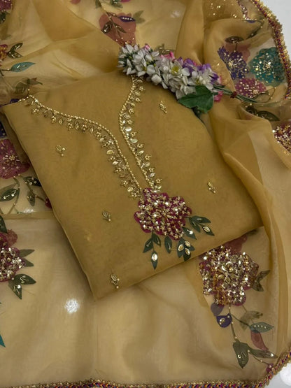 Mustard Sequins Embroidered Women Suit 2 Pcs