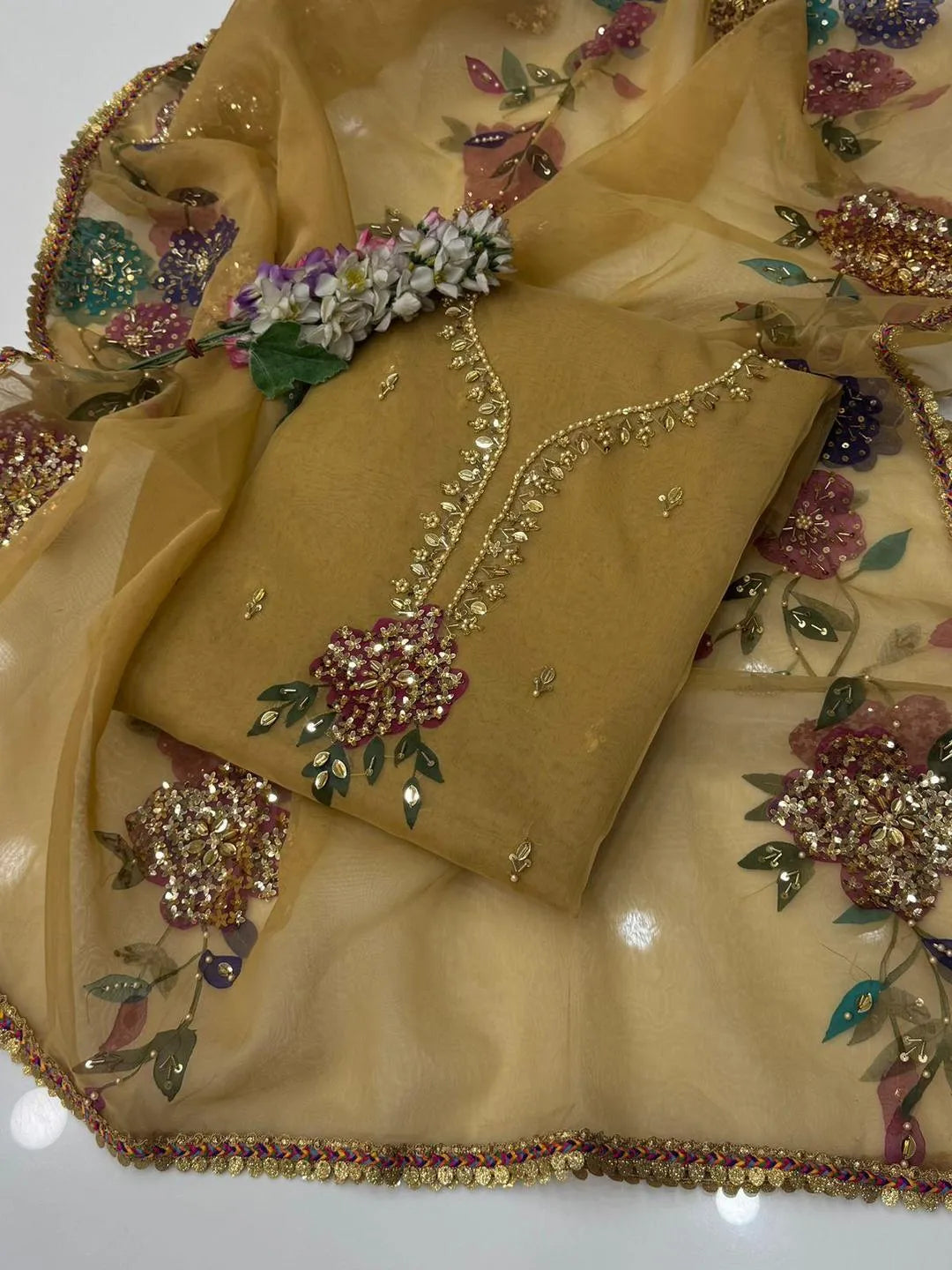 Mustard Sequins Embroidered Women Suit 2 Pcs