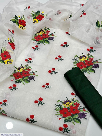 3-Piece Embroidered Khaadi Net Suit White Floral