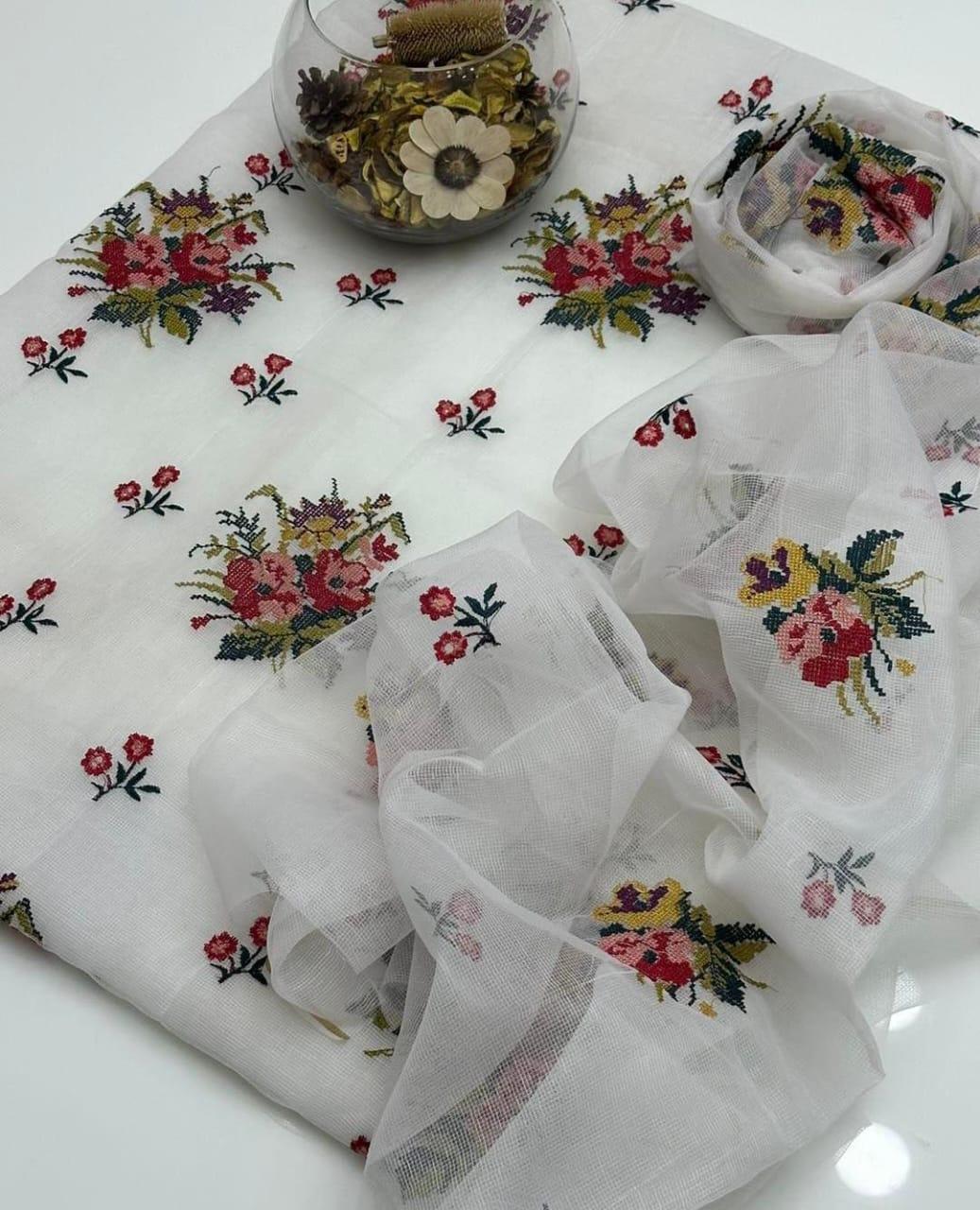 White Embroidered Khaadi Net Suit 2 Pcs