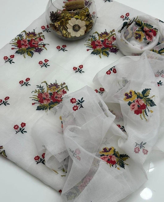 White Embroidered Khaadi Net Suit 2 Pcs