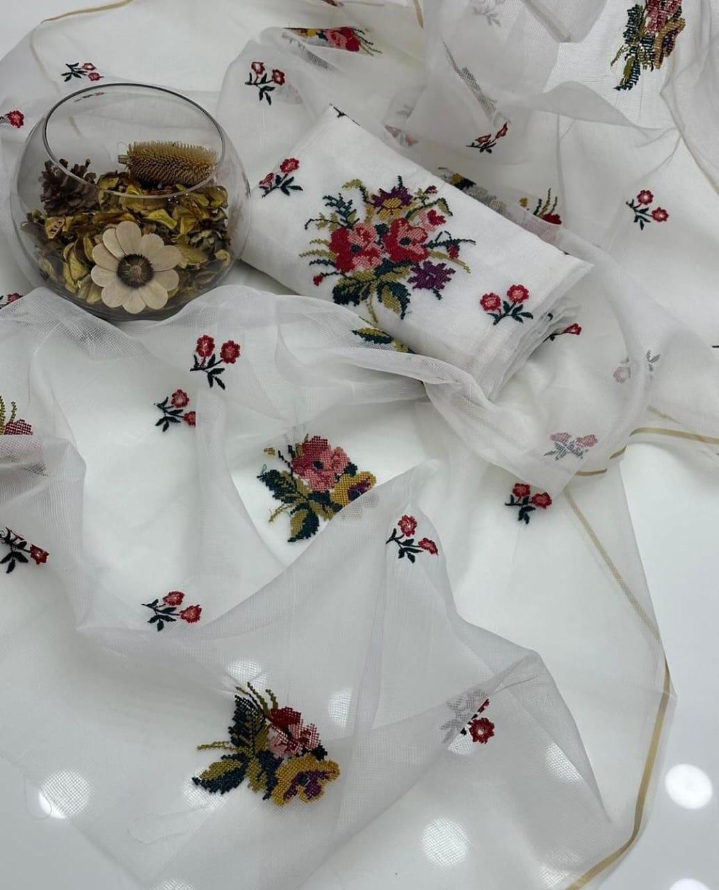 White Embroidered Khaadi Net Suit 2 Pcs