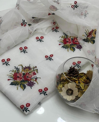 White Embroidered Khaadi Net Suit 2 Pcs