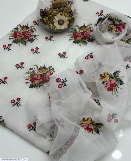 White Embroidered Khaadi Net Suit 2 Pcs