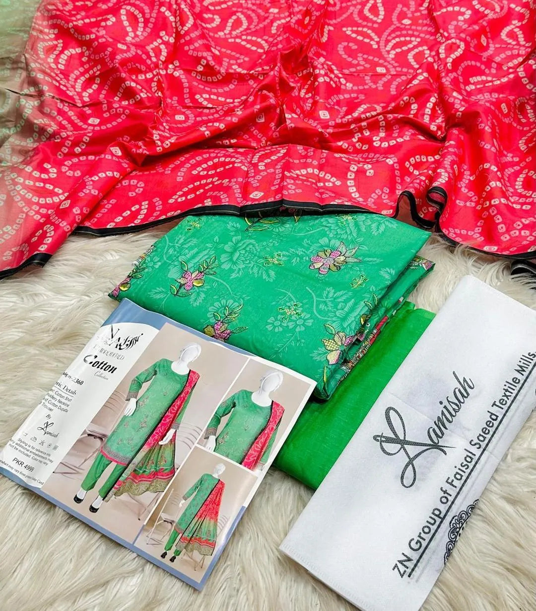 Unstitched Lawn Suit Green Floral Embroidered for Eid